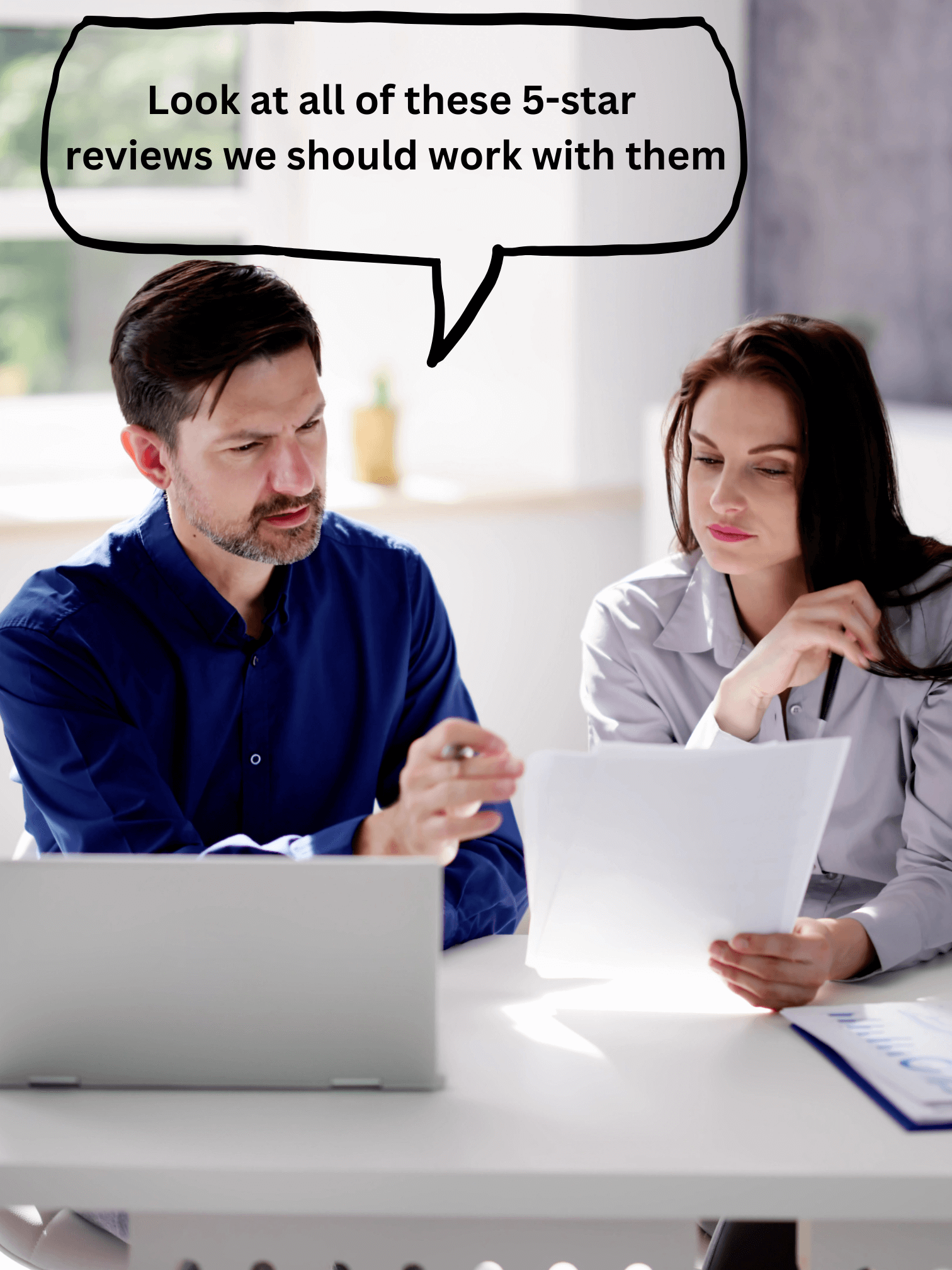 A man convincing his wife to work the contractors who have a 5 star review on Google 