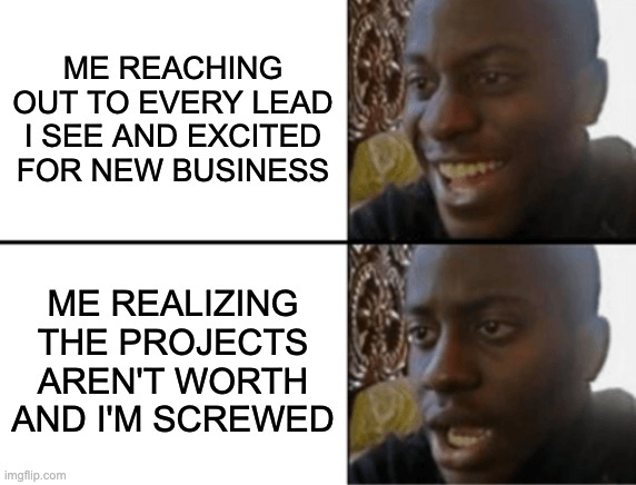 Two different pictures of the same man, in one he's excited because of all the business, the other he's worried because not all of the business is good.