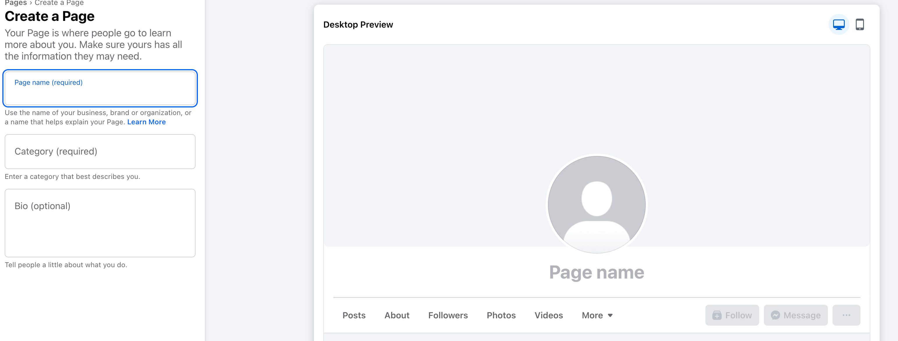 What the page looks like when you're creating your Facebook business profile. 