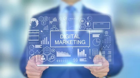 Businessman holding a tablet with a digital marketing hologram interface, representing online marketing strategy for construction companies