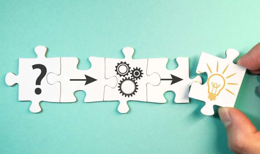 Puzzle pieces showing a question mark, gears, and a lightbulb, representing problem-solving strategy