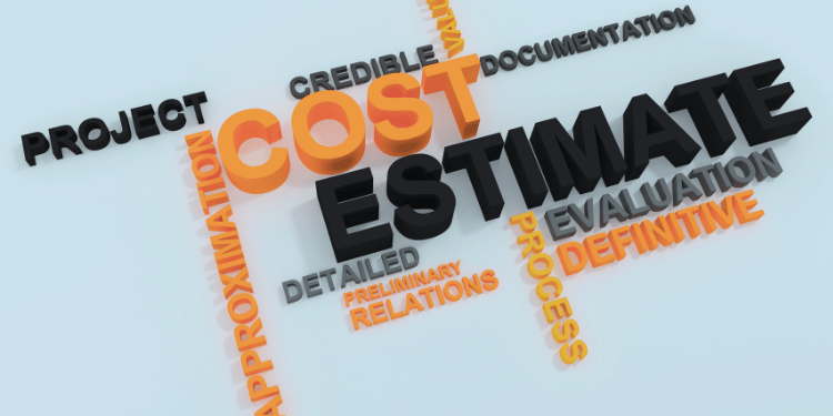 "Cost Estimate" 3D word cloud with related terms including project, documentation, evaluation, and approximation