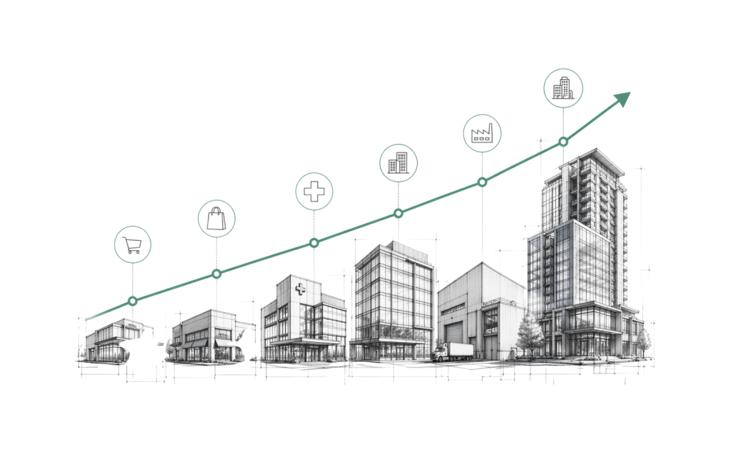 Illustrated growth chart showing construction business expansion from small retail to high-rise commercial buildings, representing Ideal Rev's business development trajectory