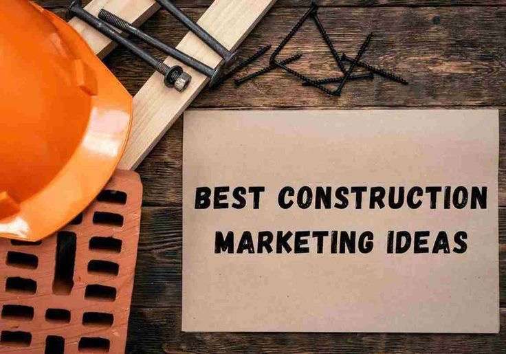 "Best Construction Marketing Ideas" text beside a hard hat, brick, and tools on a wood surface