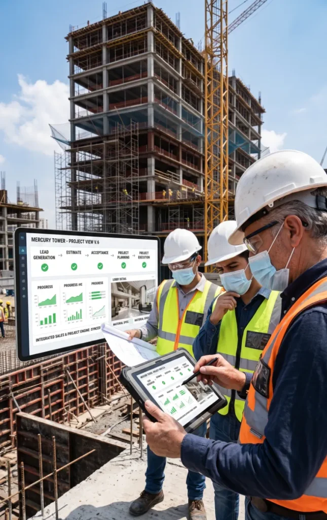 Construction workers in hard hats and masks reviewing a digital project management dashboard on a tablet at a high-rise job site