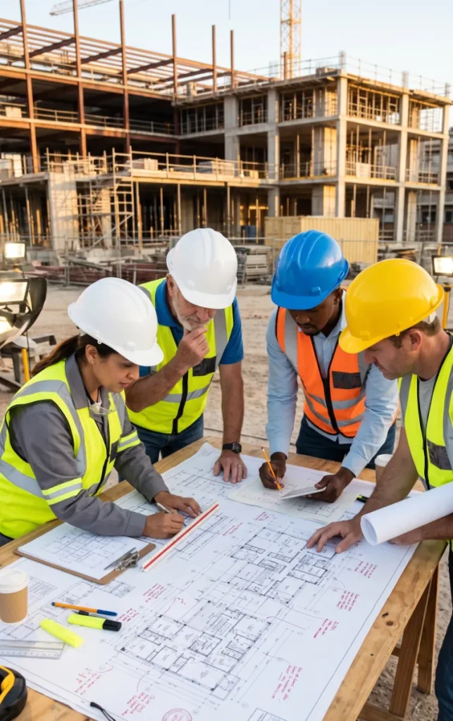 Businessman holding a tablet with a digital marketing hologram interface, representing online marketing strategy for construction companies