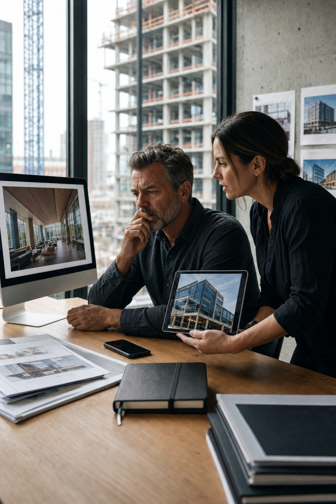Construction professional reviewing notes and business cards at a desk with a construction site visible through the window