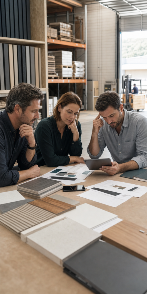 Three colleagues at a glass whiteboard discussing a connected network diagram, with blueprints on the table