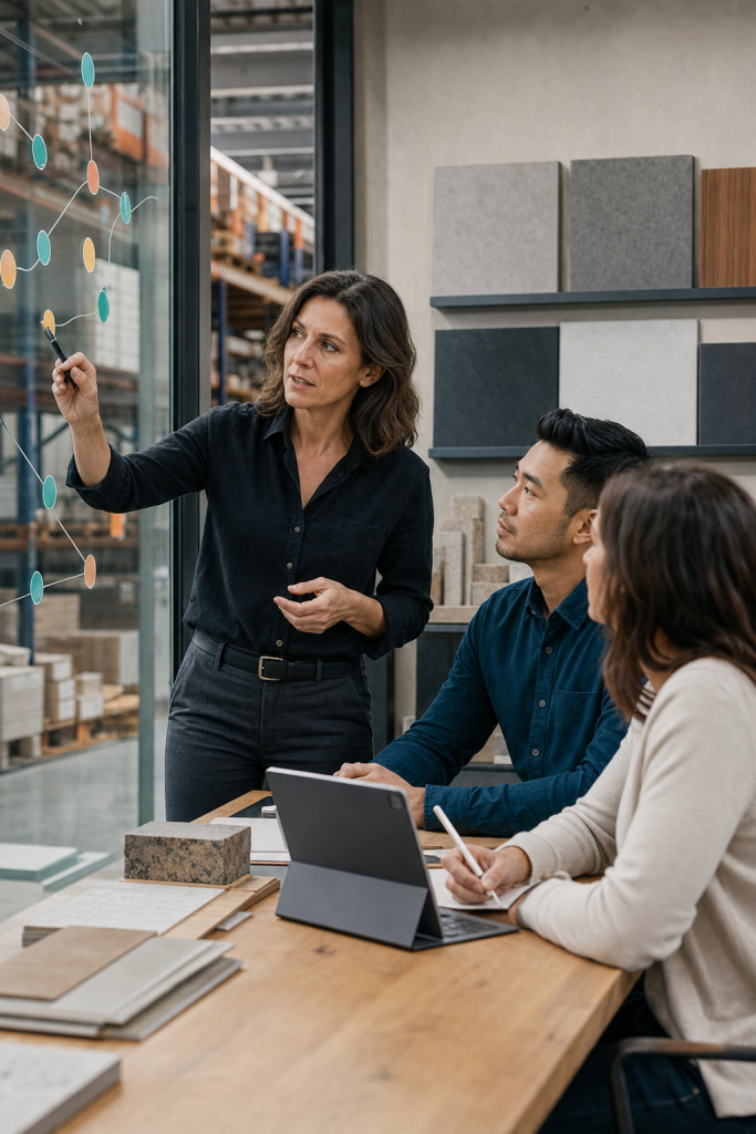 Woman presenting a network diagram on a glass board to two colleagues in a materials showroom