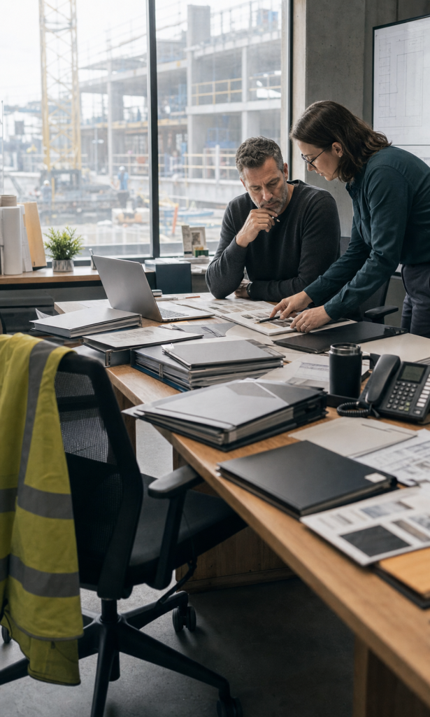 Two colleagues reviewing documents and a laptop in an office with a construction site visible through the window