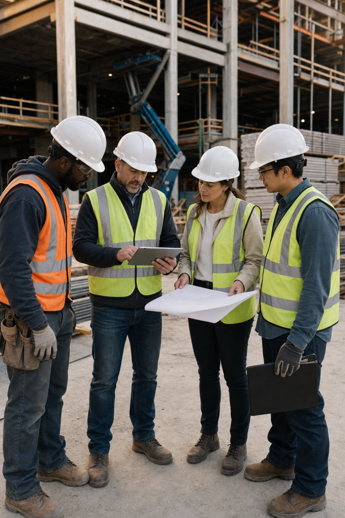 Four construction workers in hard hats and safety vests reviewing a tablet and blueprint on a high-rise job site