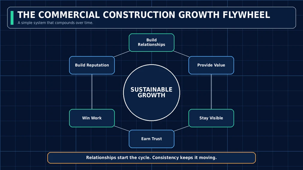 The commercial construction growth flywheel: relationships, value, visibility, trust, winning work, and reputation feeding the next cycle