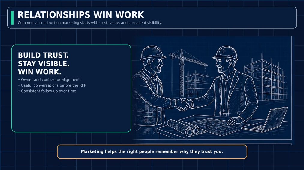 Commercial construction marketing infographic: build trust, stay visible, win work