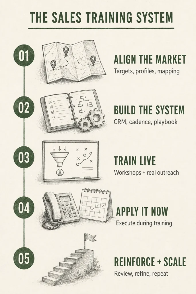 Infographic of the five-step commercial construction sales training system, from market alignment through live workshops to reinforcement and scaling