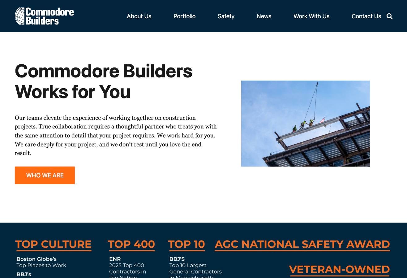 Commodore Builders website homepage with industry award and workplace badges