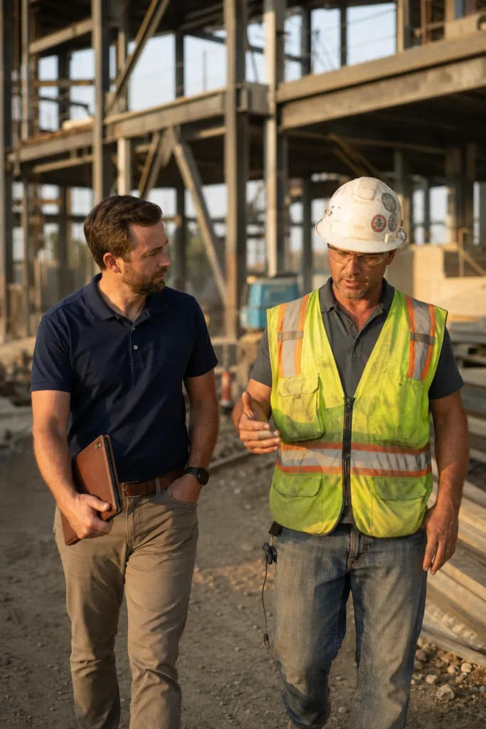 Business development rep and general contractor walking an active commercial construction site discussing upcoming project opportunities