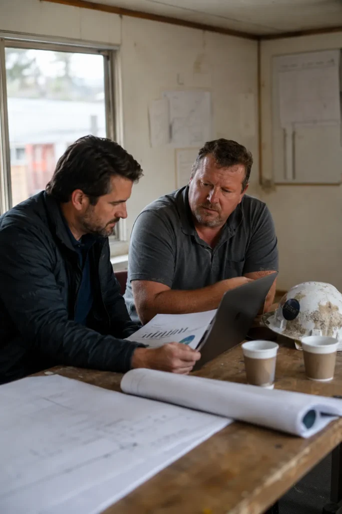 Marketing consultant and construction company owner reviewing a growth plan and laptop at a jobsite trailer table