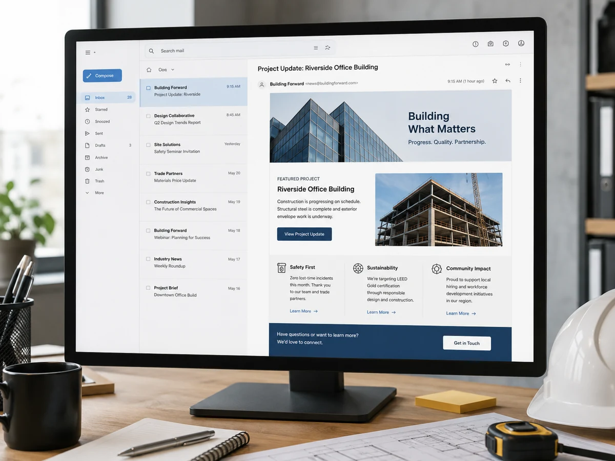Example of a useful contractor email: a project update newsletter with progress photos and milestones on screen