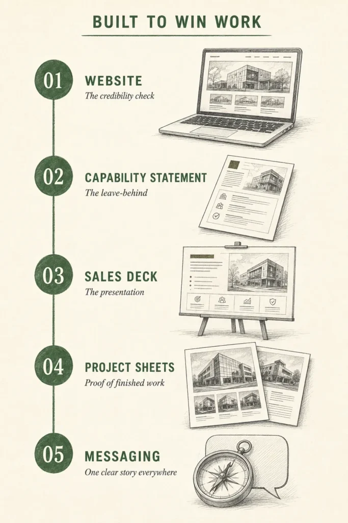 Infographic of the five-piece construction marketing collateral system built to win work: website, capability statement, sales deck, project sheets, and messaging