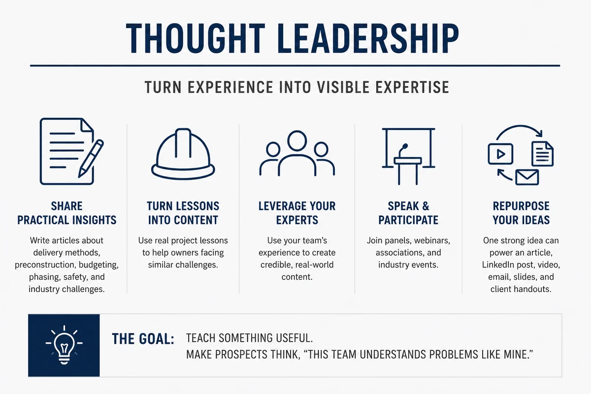 Construction thought leadership framework: share practical insights, turn lessons into content, leverage your experts, speak and participate, repurpose your ideas