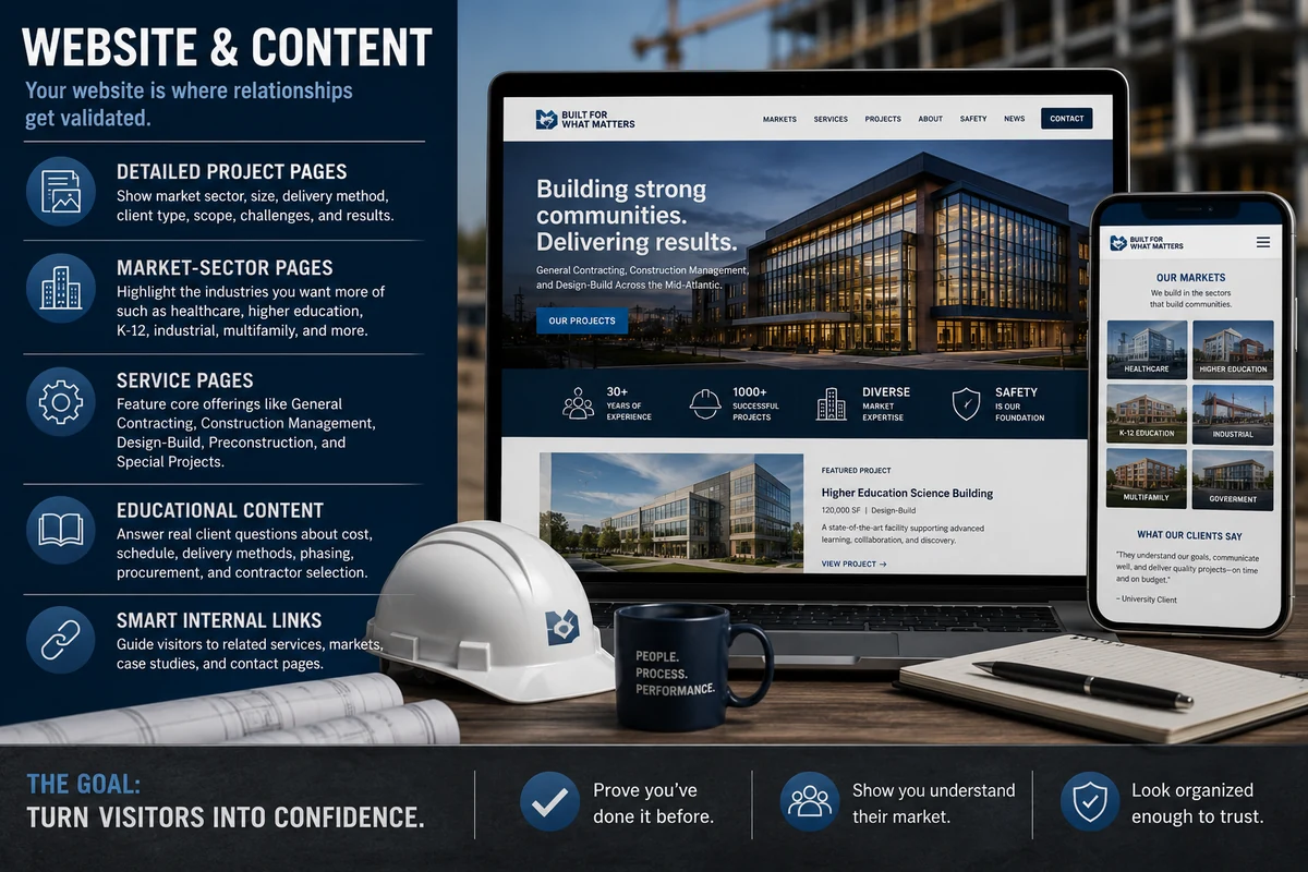 Construction website and content marketing: detailed project pages, market sector pages, service pages, educational content, and smart internal links turn visitors into confidence