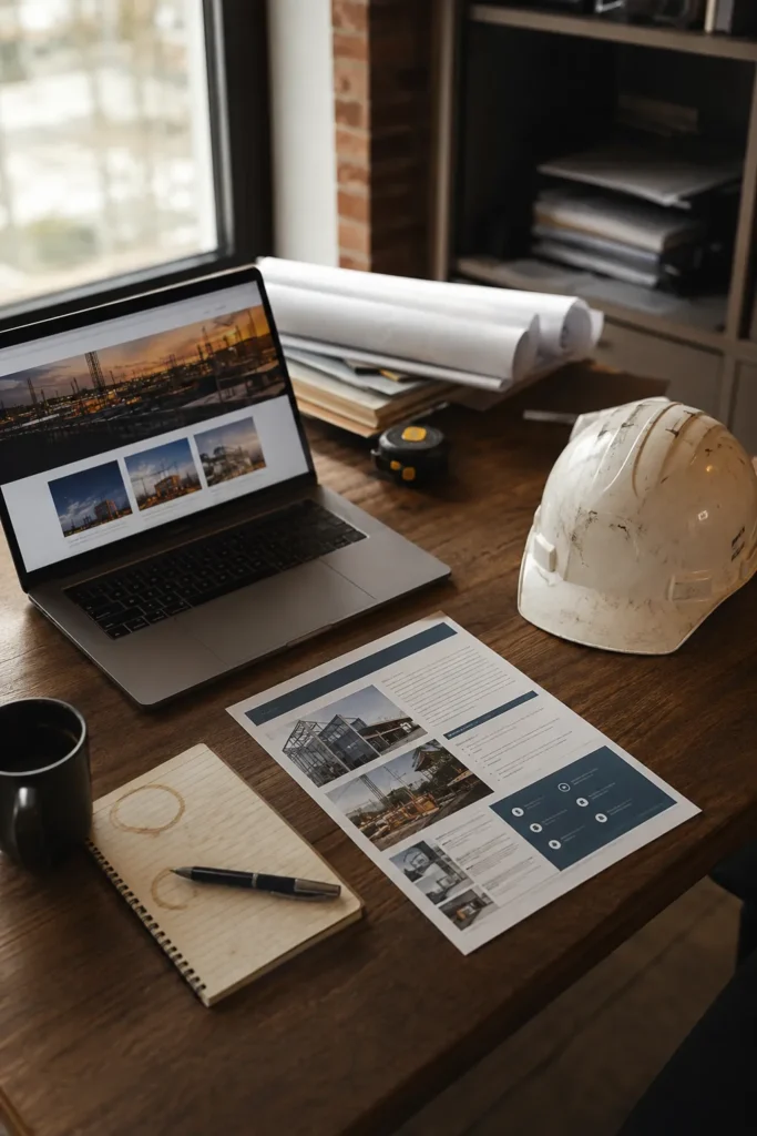Construction estimator's desk with a laptop showing a contractor website next to a printed capability statement and a worn hard hat