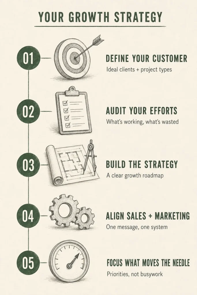 Infographic of the five-step sales and marketing strategy roadmap for commercial contractors, from defining the ideal customer to prioritizing what moves the needle