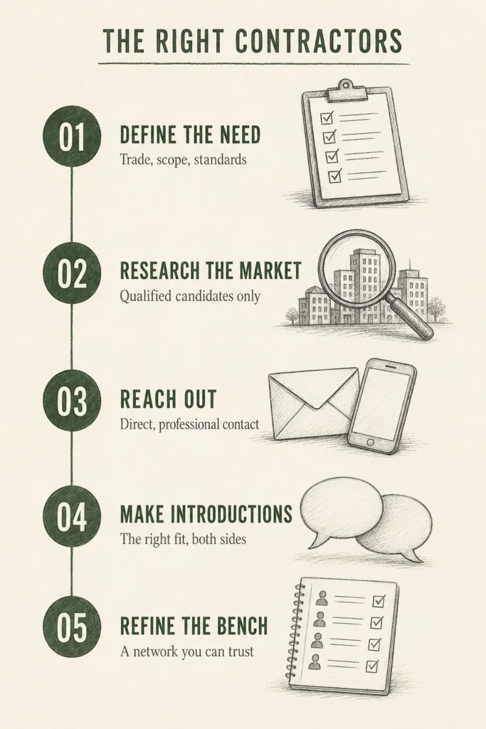 Infographic of the five-step contractor and subcontractor recruiting process, from defining the need through introductions and refining the bench