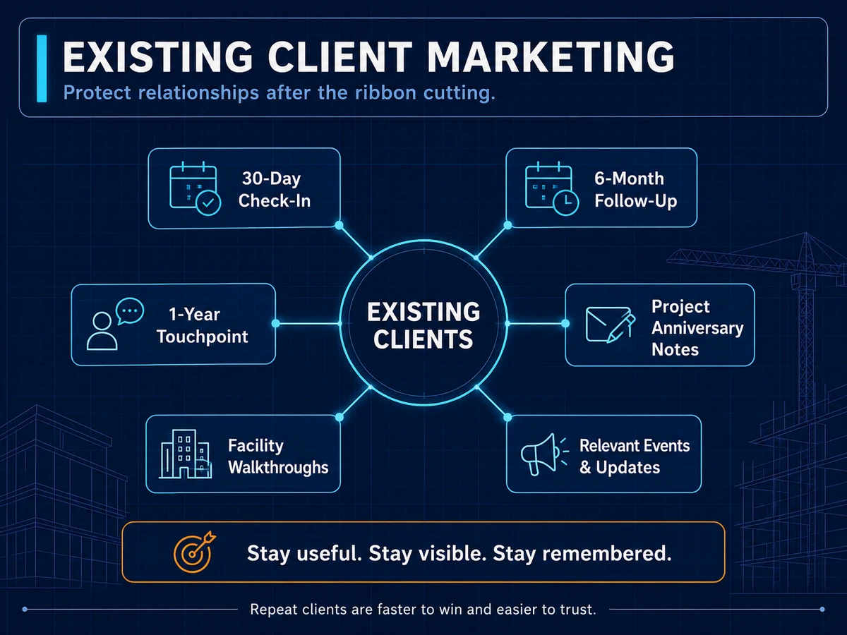 Existing client marketing touchpoint wheel for contractors: 30-day check-in, 6-month follow-up, 1-year touchpoint, anniversary notes, facility walkthroughs, relevant events