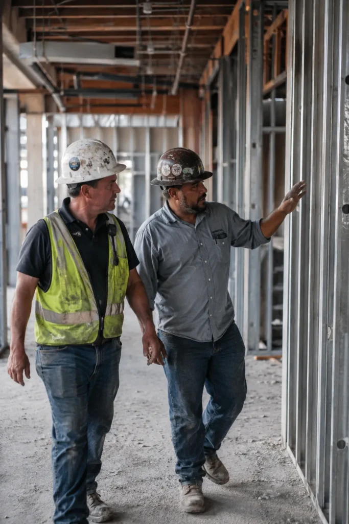 General contractor and subcontractor crew lead walking a partially framed commercial building discussing the scope of work