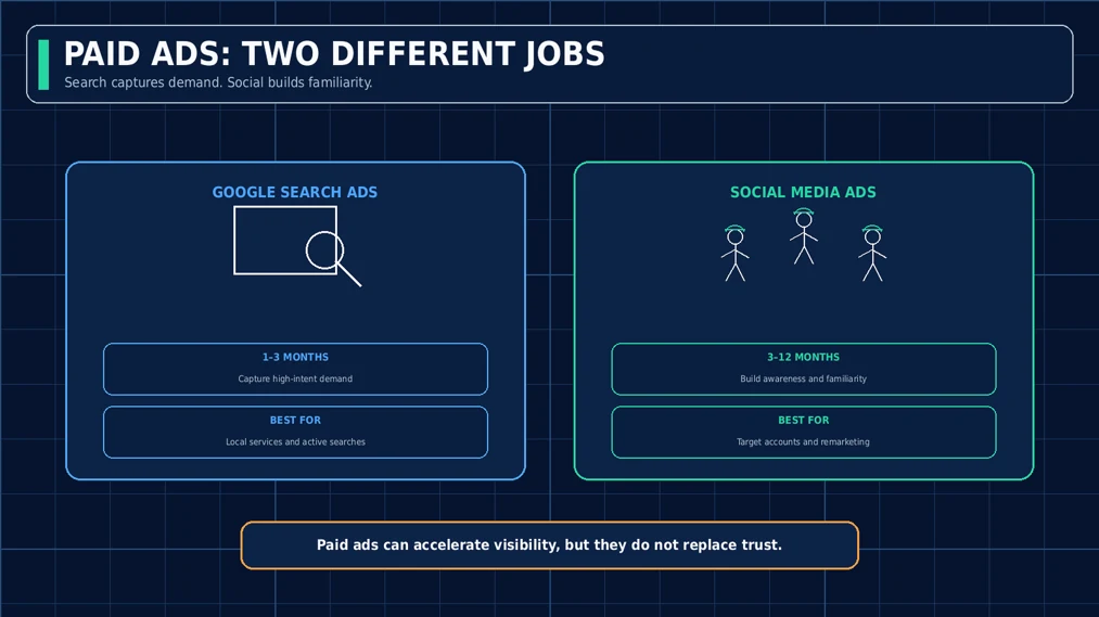 Google Search Ads versus social media ads for construction: search captures high-intent demand in 1-3 months, social builds awareness over 3-12 months