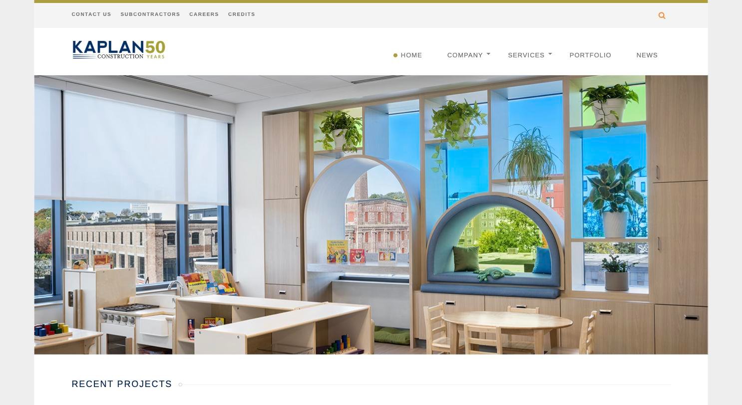 Kaplan Construction website homepage, a commercial construction website design example