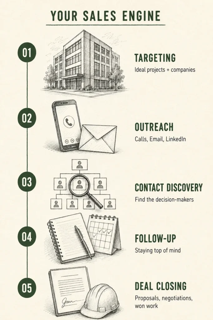 Infographic of the five-step outsourced sales engine for construction companies: targeting, outreach, contact discovery, follow-up, and deal closing
