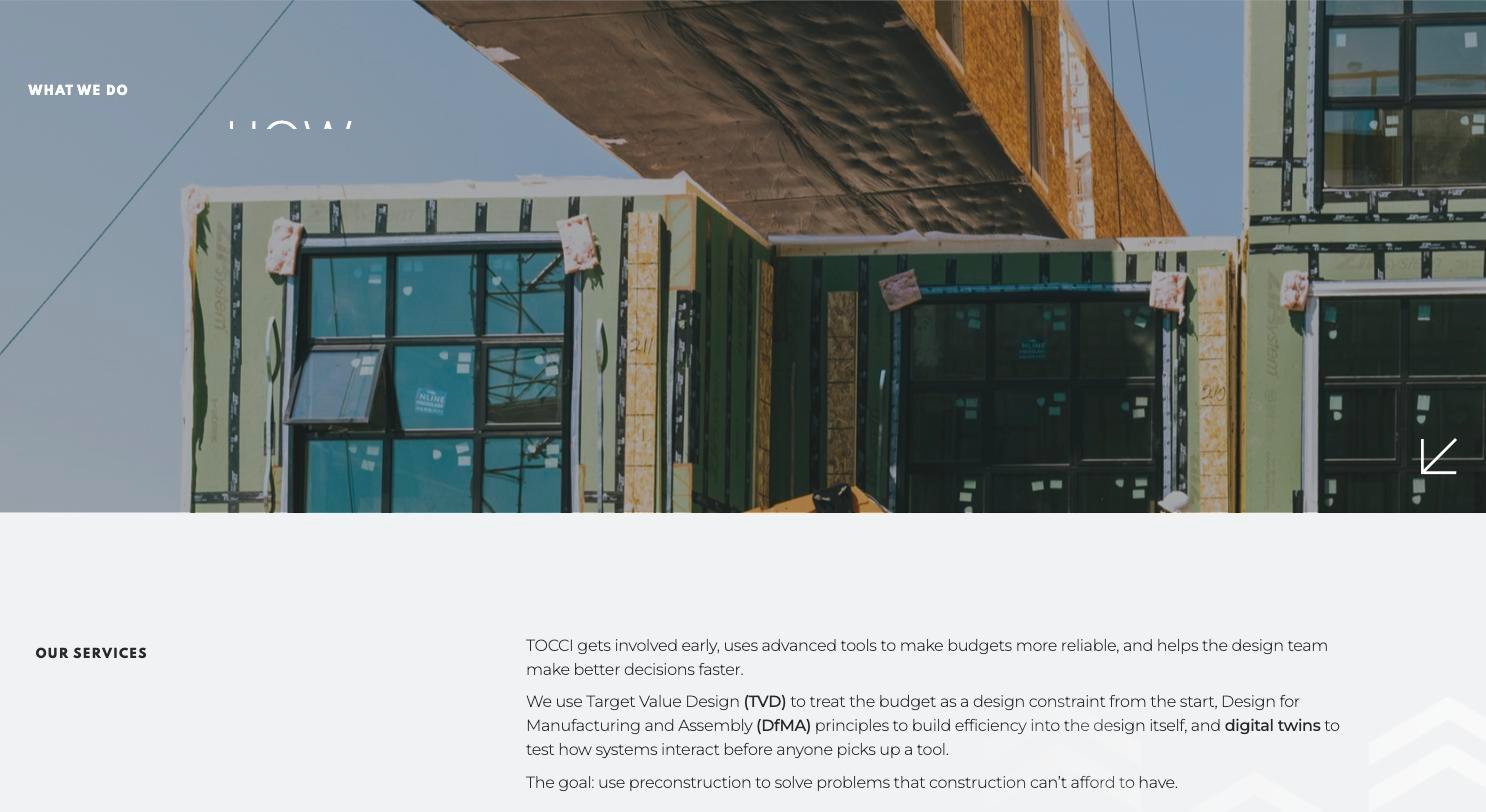 Tocci Building Companies website showing their preconstruction and virtual design process