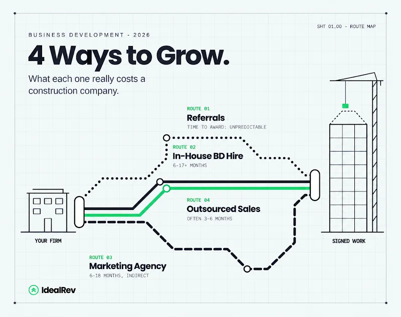 Four ways commercial construction companies grow: referrals, an in-house BD hire, a marketing agency, and outsourced sales
