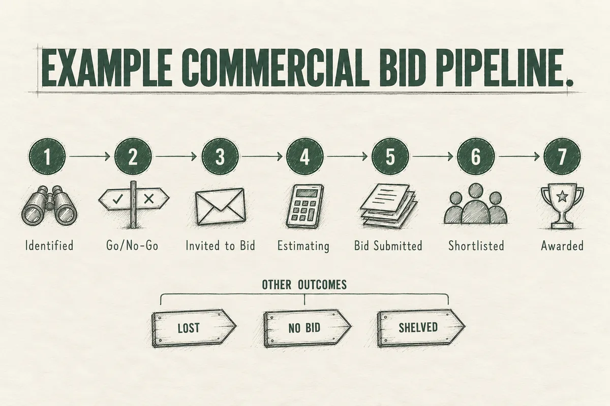 Example commercial construction bid pipeline with seven stages from identified to awarded, plus lost, no bid, and shelved outcomes