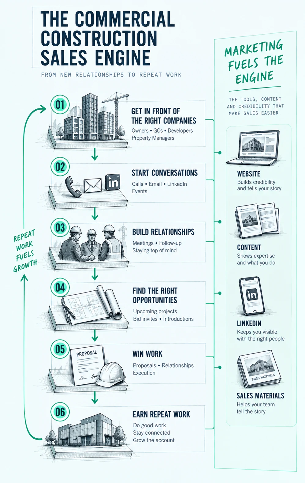 How commercial construction marketing fuels the sales engine: website, content, LinkedIn and sales materials supporting every stage from first conversation to repeat work.