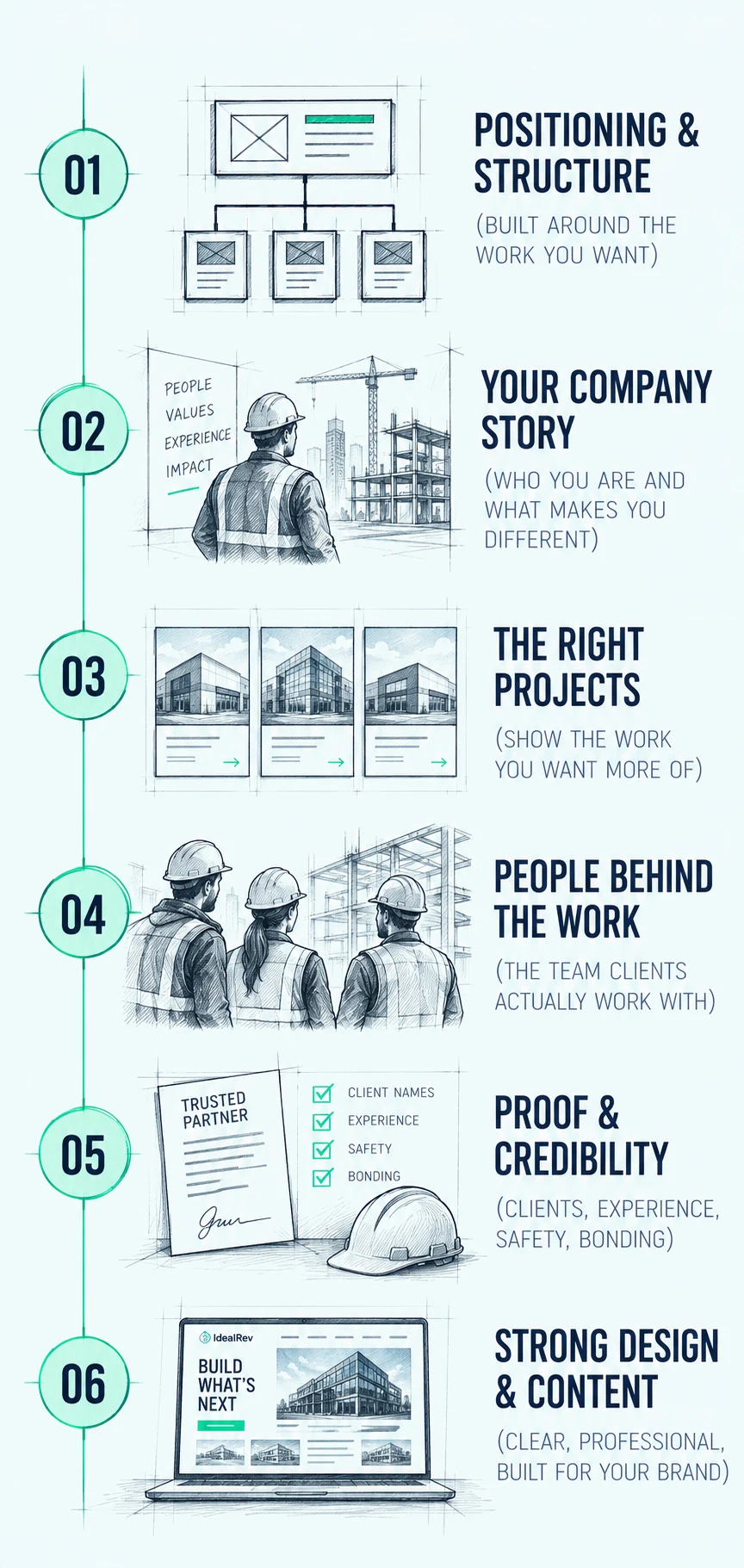Six key elements of commercial construction website design: positioning, company story, project pages, team, proof and credibility, and design and content.