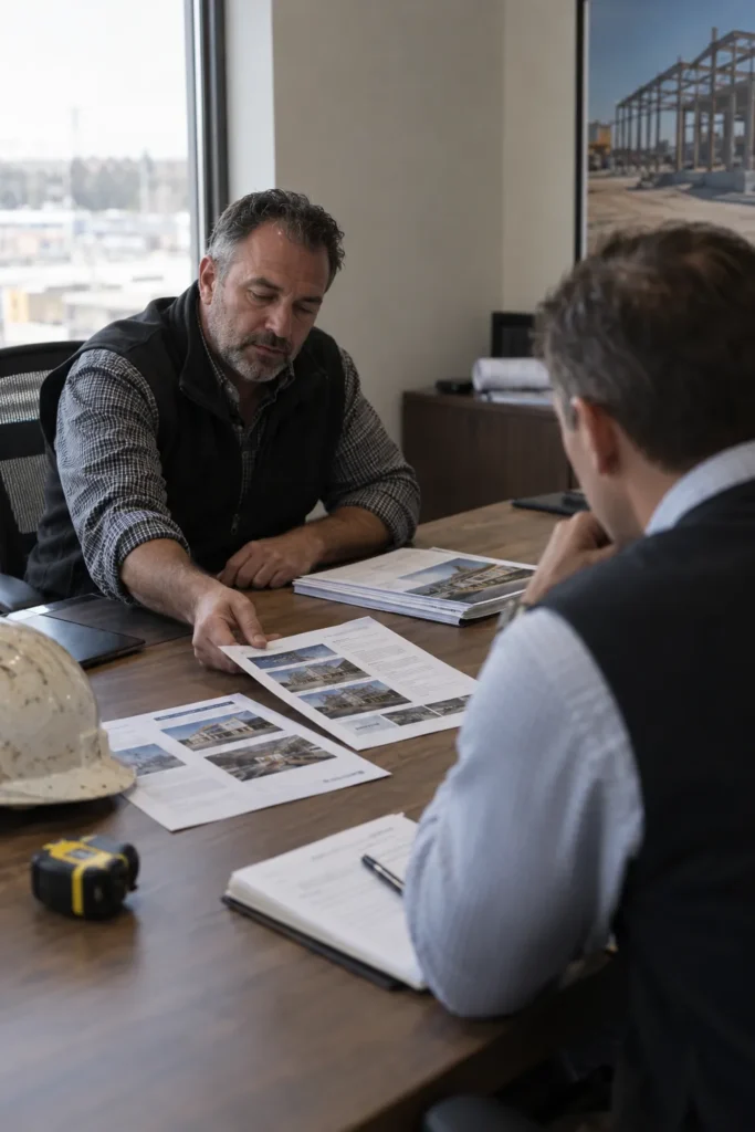 Subcontractor owner handing a one-page capability statement to a general contractor across a conference table
