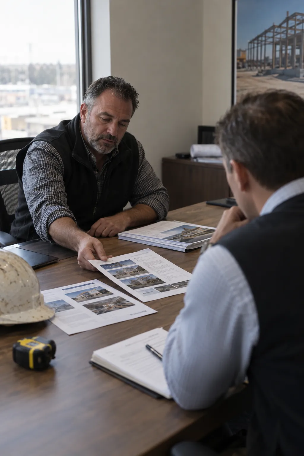 Subcontractor owner handing a one-page capability statement to a general contractor across a conference table