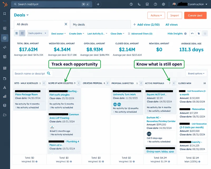 Construction CRM pipeline tracking bids and opportunities by stage