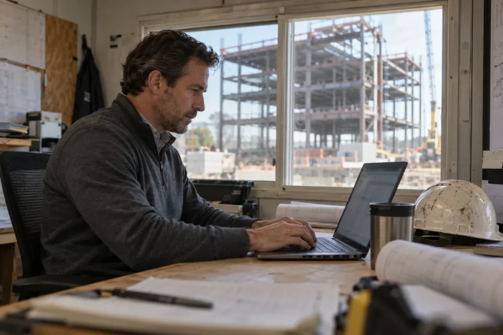 Construction project executive working in a CRM on his laptop in a jobsite office trailer
