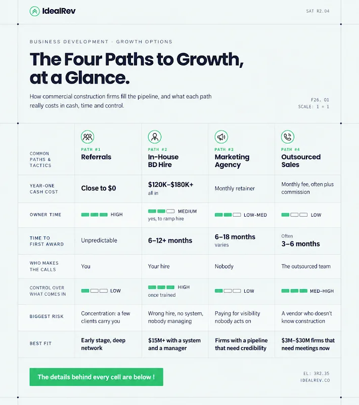 Side-by-side comparison of four construction growth paths by cost, owner time and time to first award