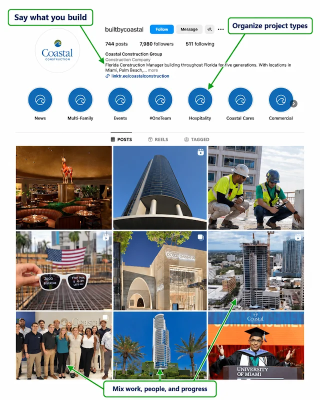 Construction company Instagram profile organized by project type with people and progress photos