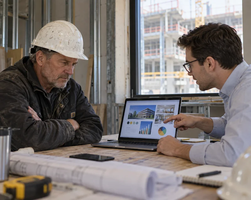 Contractor and marketer reviewing a construction company website on a laptop