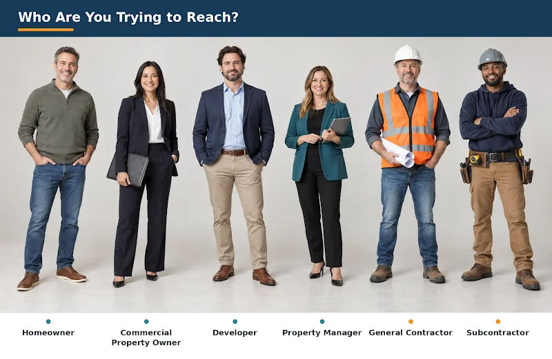 Construction buyer types: homeowner, commercial property owner, developer, property manager, general contractor, subcontractor