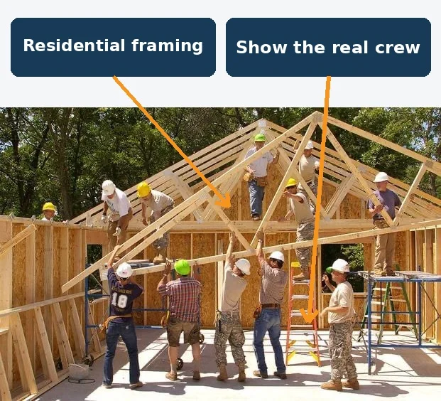 Residential framing crew on site, an example of a project photo that makes a niche obvious