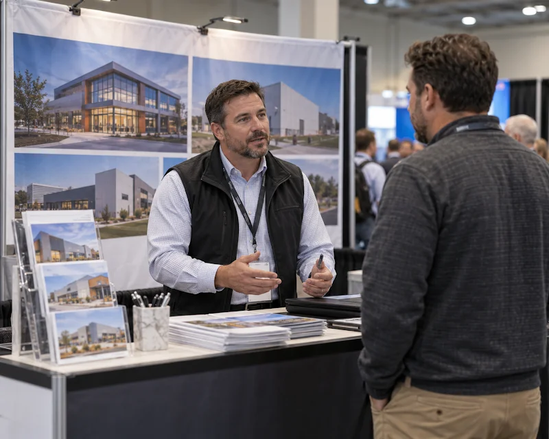 Construction company owner talking with a prospective client at an industry event
