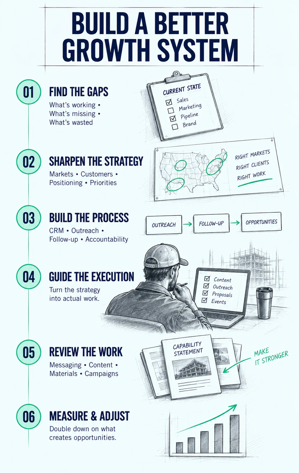 Construction sales and marketing consulting: find the gaps, sharpen the strategy, build the process, guide the execution, review the work, and measure and adjust.