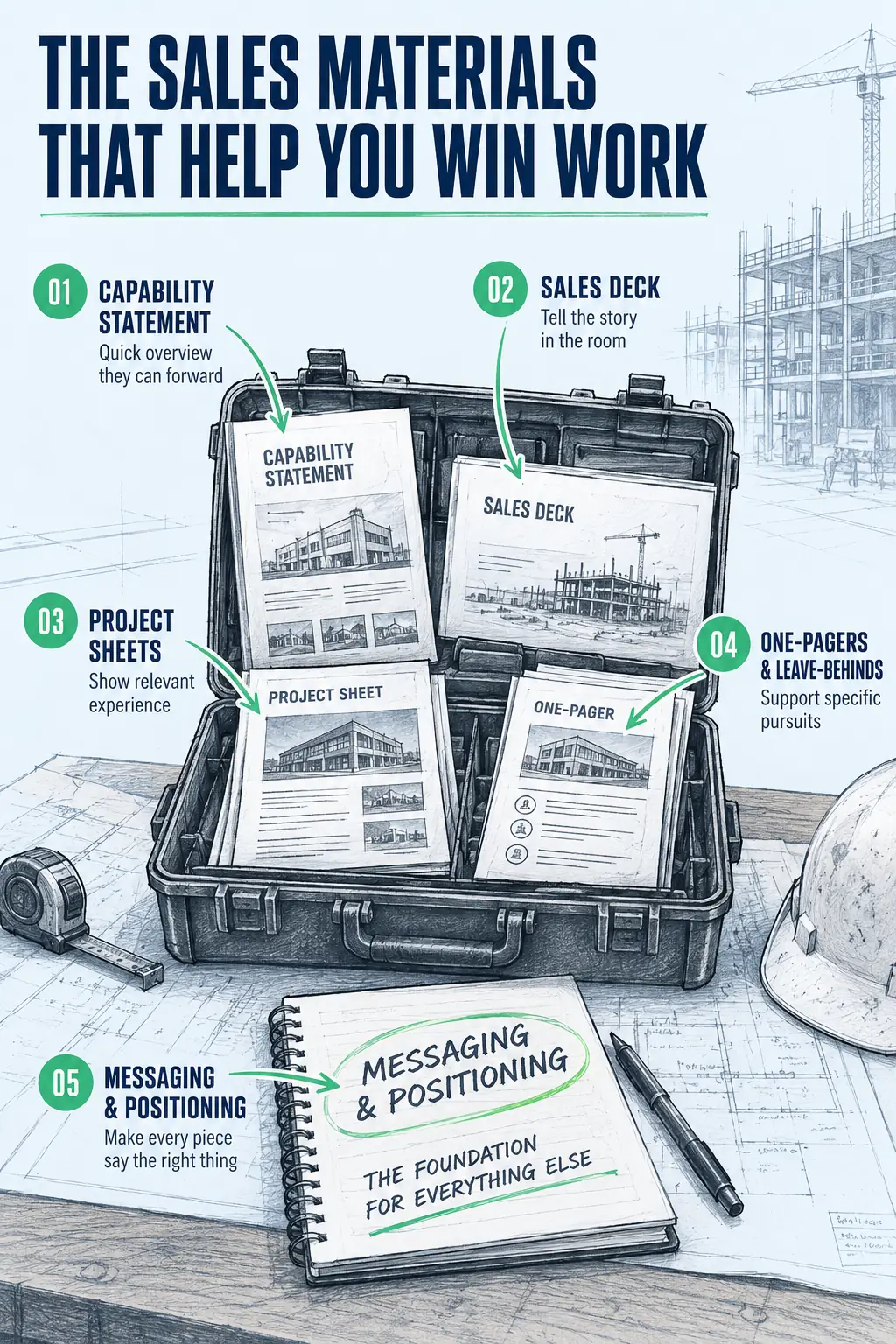 Construction sales materials that win work: capability statement, sales deck, project sheets, one-pagers and leave-behinds, built on messaging and positioning.